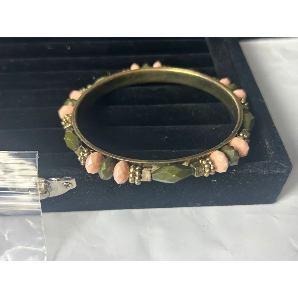 Boho Beaded Bangle‎ Bracelet Green Pink Gold Tone Artisan Statement